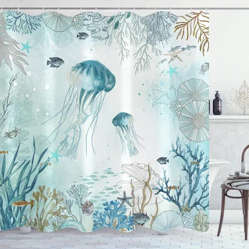 Miniatura 3 de Neasow Cortina de ducha náutica, cortinas de ducha con diseño de medusas verde azulado con 12 ganchos, cortina de baño coral de 72 x 72 pulgadas