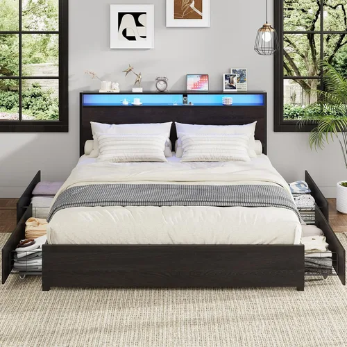 Miniatura 13 de Kiivakii Base de cama Queen con cabecero, base de cama de plataforma LED con 4 cajones de almacenamiento, estación de carga integrada, sin ruido
