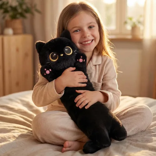 Almohada larga de felpa negra ultra suave diseñada por artistas de Mewaii, con relleno extra para mayor comodidad, peluche de animal de alta