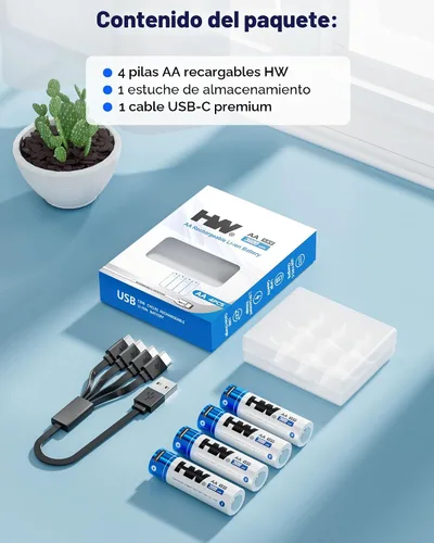 Miniatura 7 de HW Baterías recargables de litio AA, [1.5 V, paquete de 4 unidades], batería USB C de alta capacidad de 3600 mWh, carga rápida, 1000 ciclos