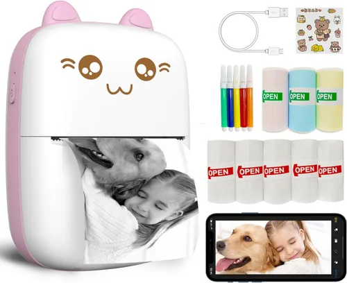 Miniatura 8 de Mini impresora portátil, impresora de pegatinas sin tinta con 8 rollos de papel, mini impresora térmica inalámbrica Bluetooth compatible con iOS +