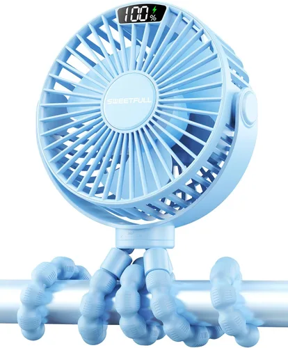 SWEETFULL Ventilador portátil para cochecito con pantalla LED, mini ventilador recargable de 4 velocidades, trípode flexible giratorio de 360°, Azul