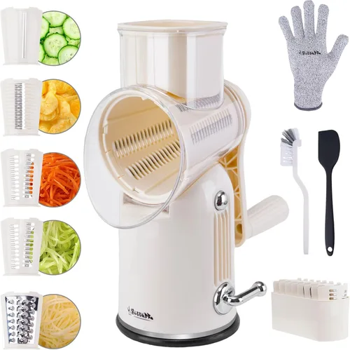 Miniatura 10 de Rallador de queso giratorio 5 en 1, rebanador de verduras con asa, rallador de queso de manivela mejorado con mango y base de succión fuerte, Blanco