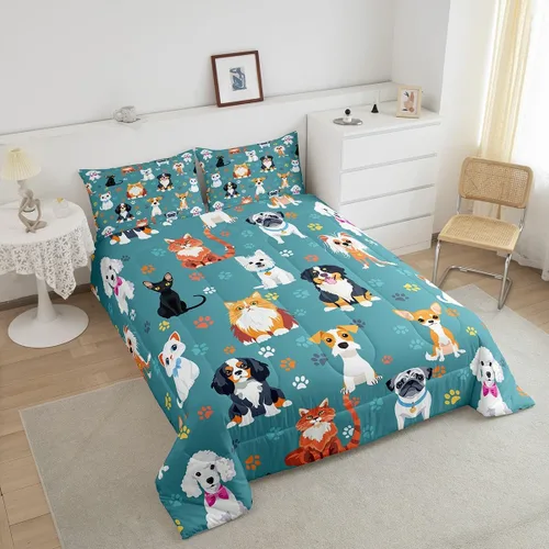 Miniatura 7 de Juego de edredón lindo de perro y gato, tamaño matrimonial, juego de ropa de cama colorido con estampado de patas de cachorro, 3 piezas para niños