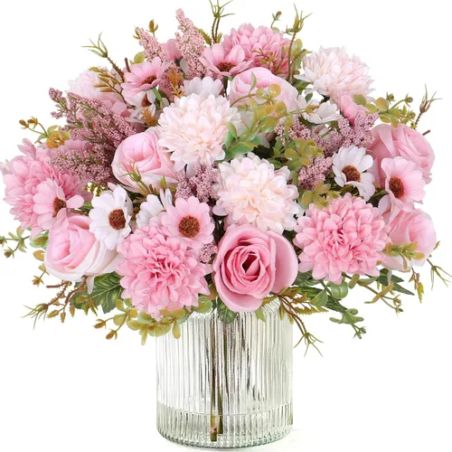 Miniatura 18 de Dremisland Fake Flower Bouquets,2 Packs Silk Rose Daisy Bouquet Artificial Flower Arrangement Realistic Rose Bouquets for Centerpiece Table Wedding
