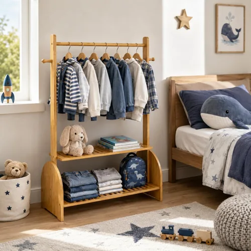 Miniatura 9 de BAMBOOHOMIE Perchero de ropa para niños con varillas ajustables, perchero de ropa para niños, bebés, mascotas, perchero para niños con 2 estantes