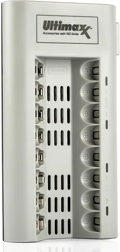 Miniatura 2 de Ultimaxx Cargador con baterías, cargador de batería de 8 puertos y 2 pilas AAA de 1100 mAh (4 piezas) sin memoria, recargable, Ni-MH