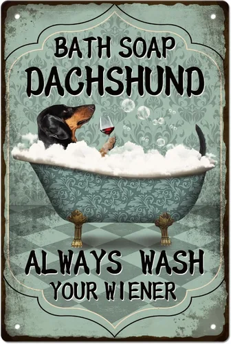 GLOBLELAND Letrero de metal vintage con diseño de perro salchicha y jabón para baño, divertido póster decorativo de pared de metal retro, 8 x 12