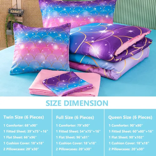 Miniatura 6 de PERFEMET Juego de edredón de sirena rosa, tamaño matrimonial, 6 piezas en una bolsa, juego de ropa de cama de arco iris colorido para adolescentes