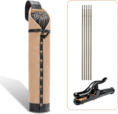Miniatura 5 de Bolsa de electrodo resistente al fuego, bolsa de lona para varilla de soldadura, soporte de electrodo de cuero con trabillas para cinturón y Amarillo
