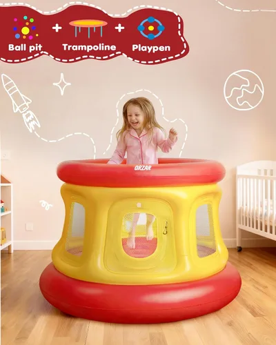 Miniatura 4 de Trampolín inflable todo en 1 para niños pequeños de 1 a 3 años, con bomba de aire manual, PVC antideslizante de textura gruesa, red de seguridad