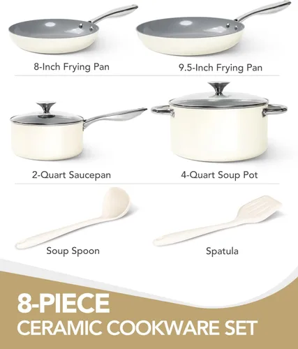 Miniatura 7 de MICHELANGELO Juego de ollas y sartenes antiadherentes - Juego de utensilios de cocina de cerámica no tóxicos, 8 piezas de ollas y sartenes Crema