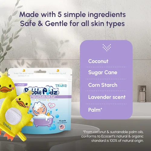 Miniatura 4 de TruKid Lavender Bubble Podz, juego de crema para bebés y guantes de burbujas, paquete relajante de baño y cuidado de la piel para niños