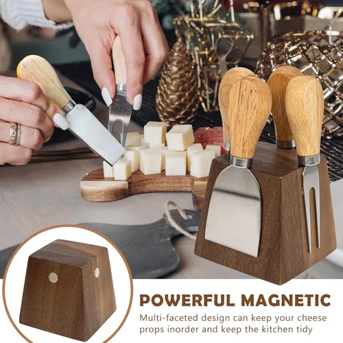 Miniatura 2 de Juego de cuchillos de queso para embutidos – 4 cuchillos de queso pequeños de acero inoxidable y tenedor con soporte magnético de madera de acacia