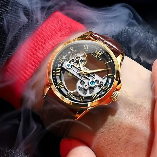 Miniatura 10 de OLEVS Relojes de esqueleto para hombre, automático, mecánico, de lujo, de cuero, impermeable, luminoso, reloj de pulsera para hombre