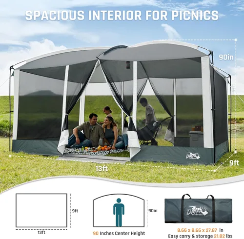 Miniatura 2 de Tienda de Campaña Screen House de 13 x 9 pies, Gazebo de Malla con 2 Puertas Magnéticas, Pantalla de Proyección Incluida, Carpa Refugio con Toldo