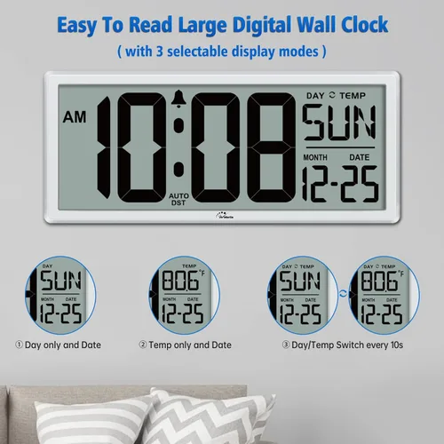 Miniatura 2 de WallarGe Reloj de pared digital grande de 14.5 pulgadas, funciona con pilas, con números gigantes, temperatura y fecha, fácil de leer y configurar
