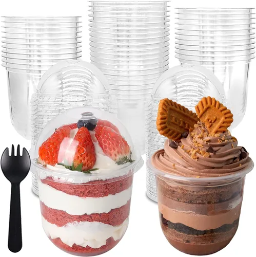 Miniatura 9 de Jnnzzggu Paquete de 50 tazas de postre de plástico transparente de 9 onzas con tapas de cúpula, cuencos desechables sin agujeros para pudín