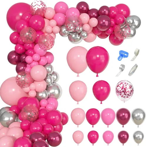 Miniatura 2 de Kit de arco de guirnalda de globos de princesa rosa y plateado, 143 unidades, confeti rosa intenso, estrella 4D, bola de discoteca, globos de corona