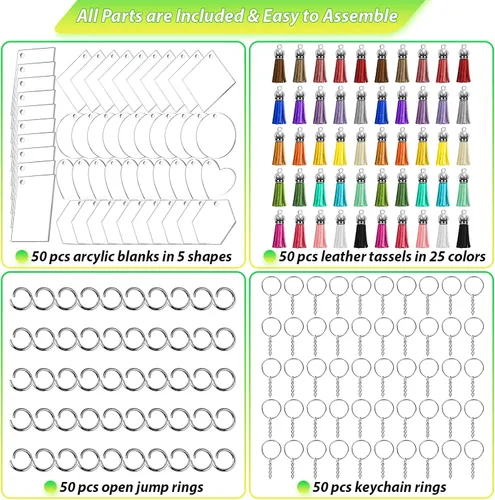 Miniatura 4 de Cruzix 200 llaveros en blanco para vinilo, llaveros de acrílico a granel con 5 formas de disco acrílico transparente, borlas, llaveros