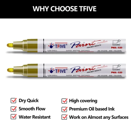 Miniatura 2 de TFIVE Rotuladores de pintura permanente dorados, 2 rotuladores a base de aceite, punta media, impermeables y de secado rápido, para oficina