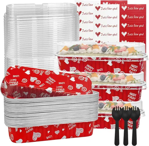 Miniatura 18 de Paquete de 100 mini moldes para pasteles de 6.8 onzas con tapas, moldes para hornear de papel de aluminio, recipientes individuales para postres