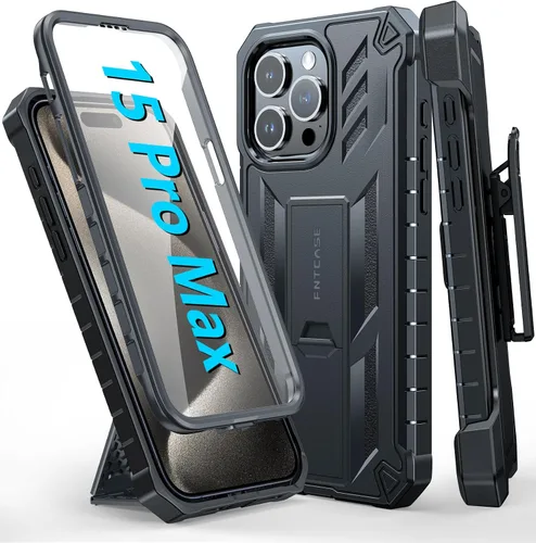 Miniatura 8 de FNTCASE Funda para iPhone 15-Pro-Max: Cubierta protectora resistente de grado militar a prueba de caídas para teléfono celular con soporte y Negro