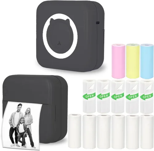 Mini Impresora Térmica de Pegatinas sin Tinta con 14 Rollos de Papel, Compatible con iPhone/Teléfono Android/Tableta, Mini Impresora de Bolsillo
