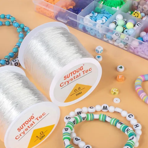 Miniatura 4 de Cuerda elástica de 0.031 in y 0.039 in para pulseras, 2 rollos de cuerda elástica fuerte para hacer joyas, cordón de cuentas de cristal transparente