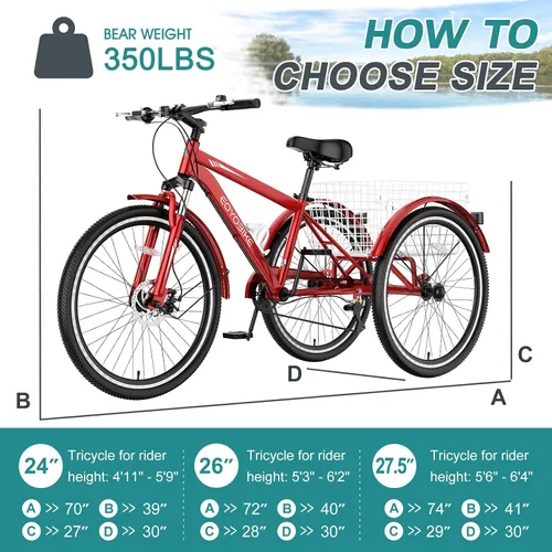 Miniatura 5 de MOPHOTO Triciclo de montaña para adultos, bicicleta de 3 ruedas de 7 velocidades para adultos/hombres/mujeres, 24/26/27.5 pulgadas, triciclo