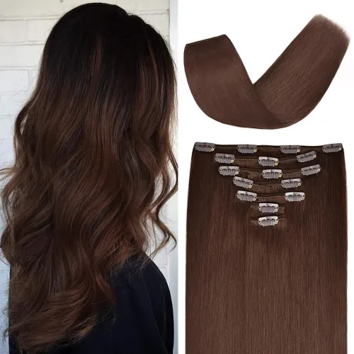 Miniatura 7 de Extensiones de cabello humano Remy de 12 pulgadas, 2.47 onzas, 7 unidades, 16 clips, lacio, grueso, 100% real, para mujer, color marrón oscuro #2