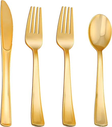 Juego de cubiertos desechables de 60 piezas, cubiertos de plástico dorado, incluye 30 tenedores, 15 cucharas, 15 cuchillos, perfecto para fiestas y
