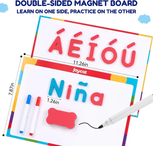 Miniatura 6 de JoyCat Kit de letras magnéticas en inglés y español para aula, 234 piezas con tablero magnético de doble cara, letras del alfabeto de espuma