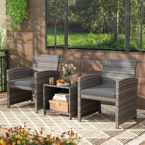 Miniatura 8 de KOTEK Juego de muebles de patio de 3 piezas, sillas de patio de mimbre para exteriores con cojines y mesa de almacenamiento, juego de bistró