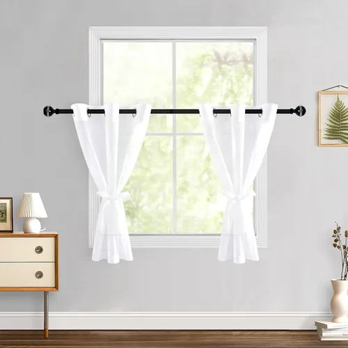 Hiasan - Cortinas traslúcidas de gasa cortas semitransparentes con ojales y alzapaños filtrantes de luz para ventana, dormitorio, baño, 2 paneles