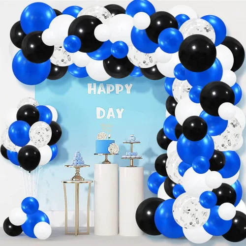 Miniatura 7 de Guirnalda de arco de globos azul real, negro, plateado y blanco, globos de confeti plateado metálico azul, negro, blanco, globo de videojuegos
