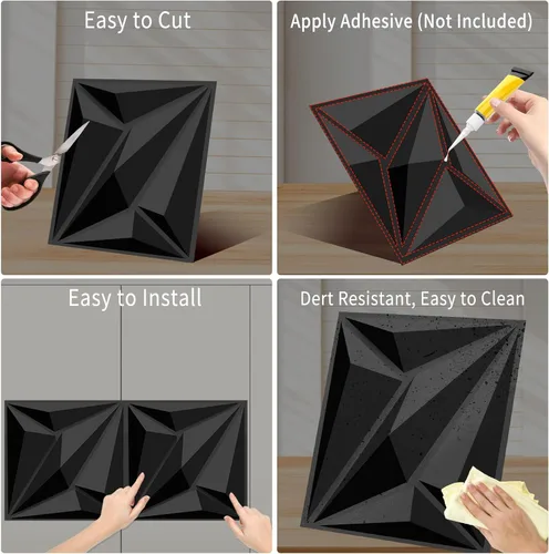 Miniatura 4 de Paneles decorativos de pared 3D, paquete de 33 azulejos texturizados de PVC de 12 x 12 pulgadas, color negro, cubre 33 pies cuadrados, arte de pared