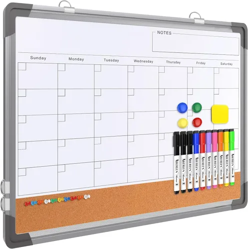 Pizarra blanca de calendario mensual para pared, 24 x 18 pulgadas, pizarra de borrado en seco con tablero de corcho, pizarra blanca magnética, Blanco