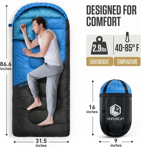 Miniatura 2 de VENTURE 4TH Saco de dormir para mochileros – XXL, tamaños dobles e individuales – Saco de dormir ligero para clima cálido y frío para adultos, niños