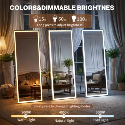 Miniatura 4 de Espejo arqueado de longitud completa de 71 x 26 pulgadas con luces LED, espejo de suelo con soporte, espejo de pared de longitud completa, espejo
