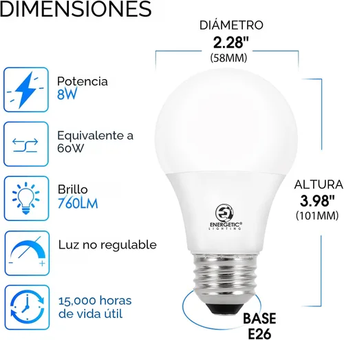 Miniatura 2 de Energetic - Paquete de 24 bombillas LED A19, equivalentes a 60 W, luz diurna 5000 K, base media E26, bombilla LED no regulable, certificación ETL