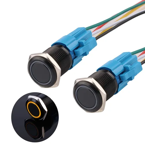 Miniatura 10 de Interruptor de botón con cierre de 0.630 in, anillo 3A, LED, 12V-24V, interruptor de botón de metal negro, carcasa de aluminio autobloqueante