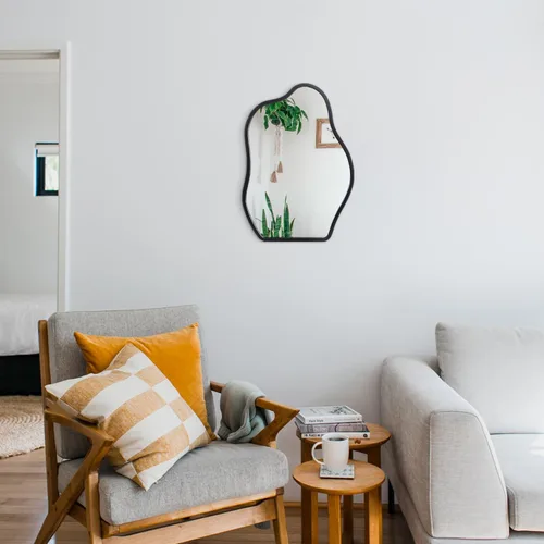 Miniatura 6 de Espejo de pared asimétrico con marco de madera, espejo colgante moderno irregular para pared para tocador, sala de estar, dormitorio, baño, entrada