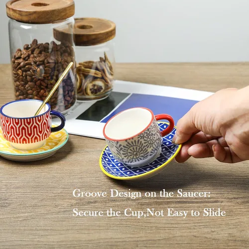 Miniatura 5 de Selamica Tazas de café expreso de cerámica con platillos y soporte de metal, tazas demitasse apilables de 2.5 onzas para café expreso, latte, café