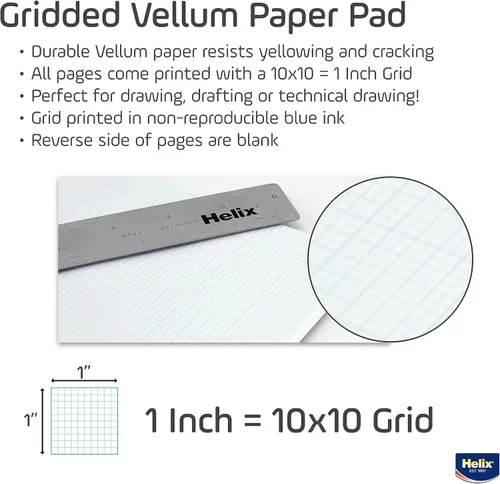 Miniatura 2 de Helix - Bloc de papel 100 % vellum de trapo, 1 pulgada equivale a cuadrícula de 10 x 10 pulgadas, 8.5 x 11 pulgadas, bloc de 50 hojas, sin ácidos