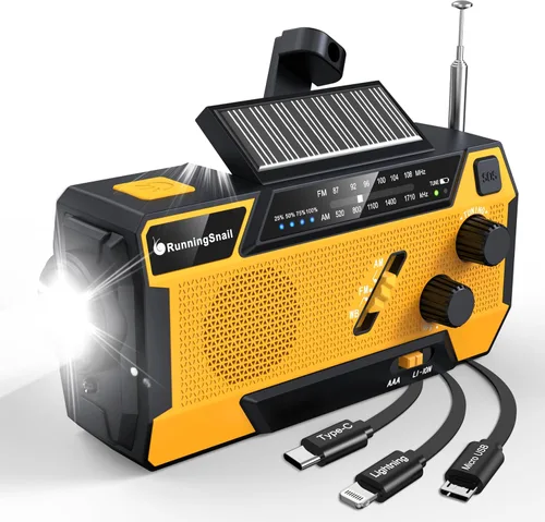 Radio de emergencia con manivela meteorológica: Radio meteorológica AM/FM/NOAA con 3 cables incorporados - Radio manual con manivela de 2000mAh,