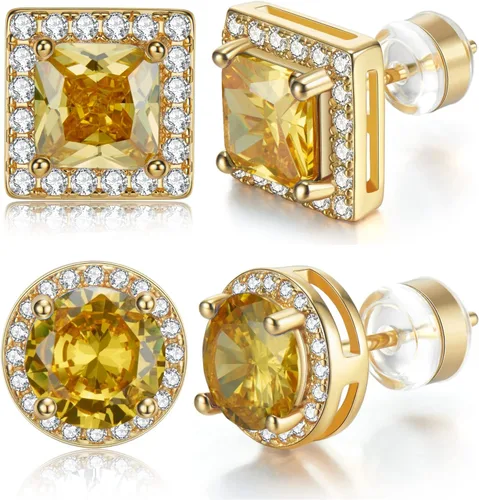 Aretes tipo dormilona para mujeres y hombres, 2 pares de plata de ley, chapados en oro, redondos, corte princesa, multicolores, circonita cúbica,