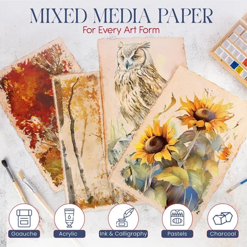 Miniatura 5 de Wanderings Papel de acuarela vintage grueso hecho a mano con borde deckle – 9 x 12 pulgadas – 300 GSM, papel mixto texturizado de prensa en frío