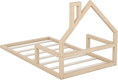 Miniatura 8 de Harper & Bright Designs Cama de piso de casa tamaño individual para niños con cabecero, listones de madera, no necesita somier, natural Natural Con