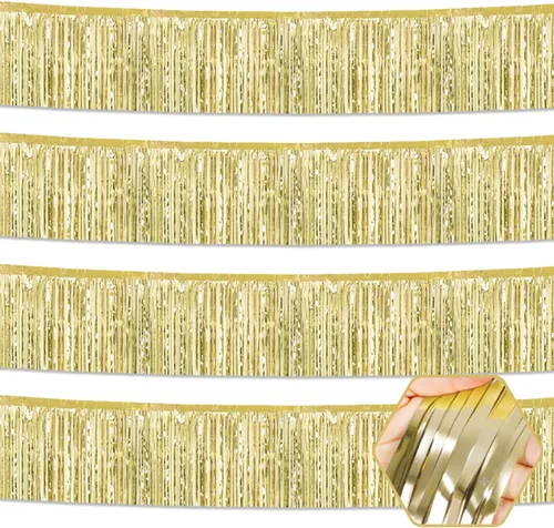Miniatura 26 de Paquete de 4 guirnaldas de flecos de papel de aluminio negro de 10 pies con serpentinas metálicas de oropel para colgar en la pared, telón de fondo